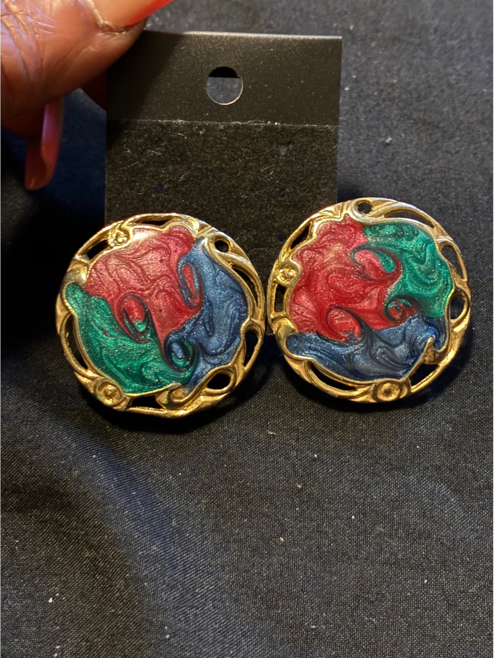 Vintage 80s Multi Color Enamel Clip On Earrings Gold Tone Bold Abstract Swirl